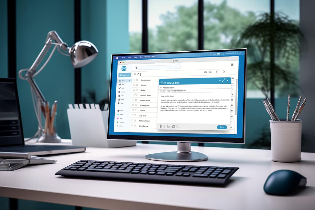 A monitor displaying an email app