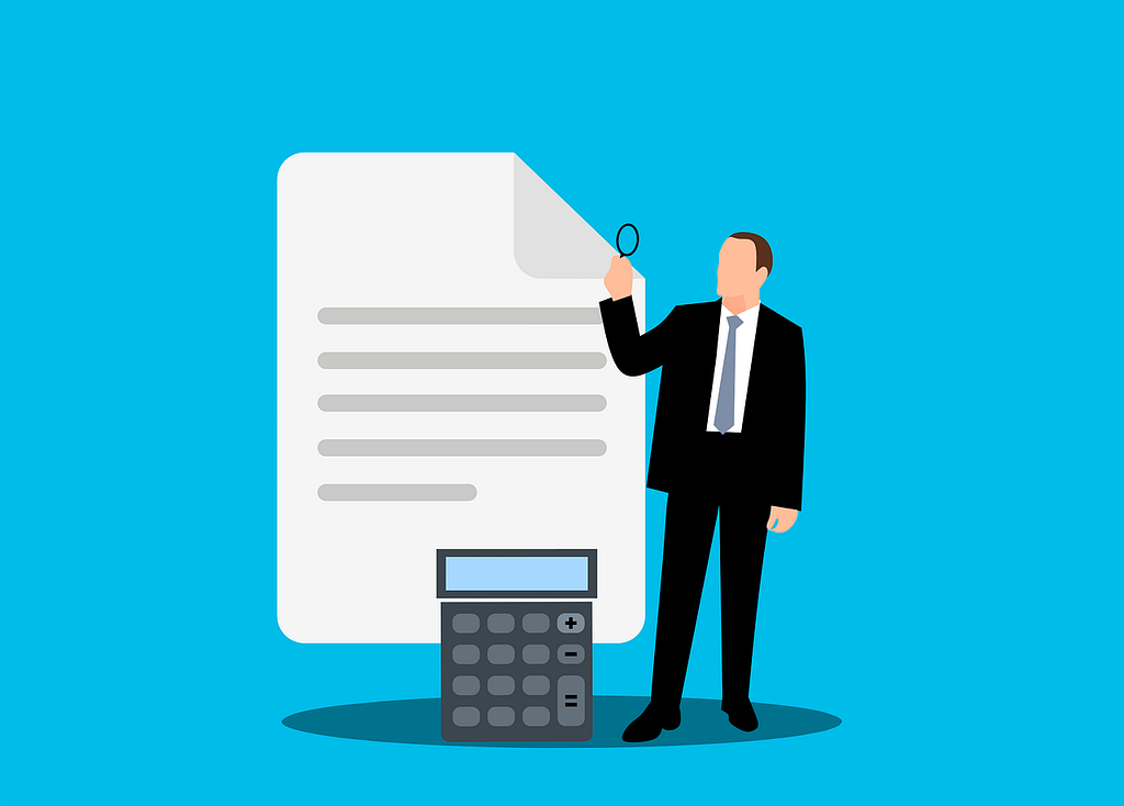 Illustration of an accountant calculating invoices