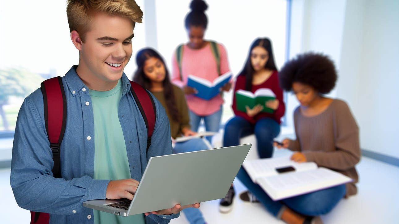 Student in college using a laptop